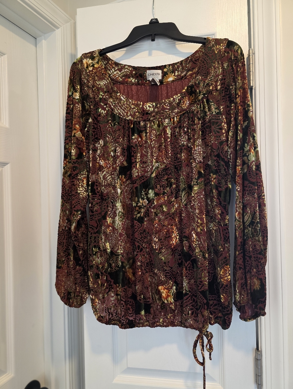 Chico's Women's Burgundy And Brown Floral Velvet Blouse